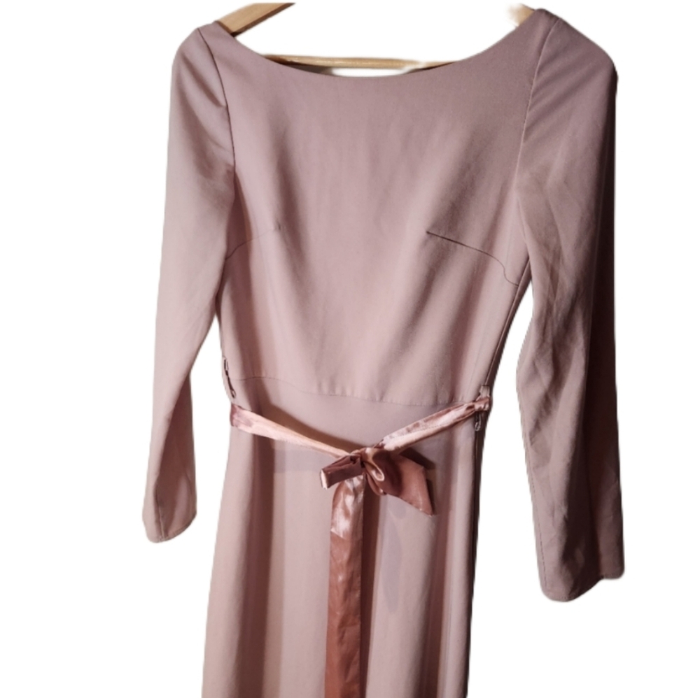 Floor Length Blush Pink Dress With Sash Exposed Back Satin